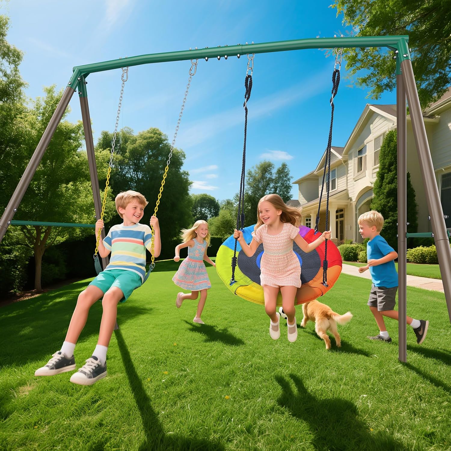 440lbs Swing Sets for Backyard - 2 Seat Outdoor Kids Playset with Saucer & Belt Swing, Heavy-Duty A-Frame Metal Stand