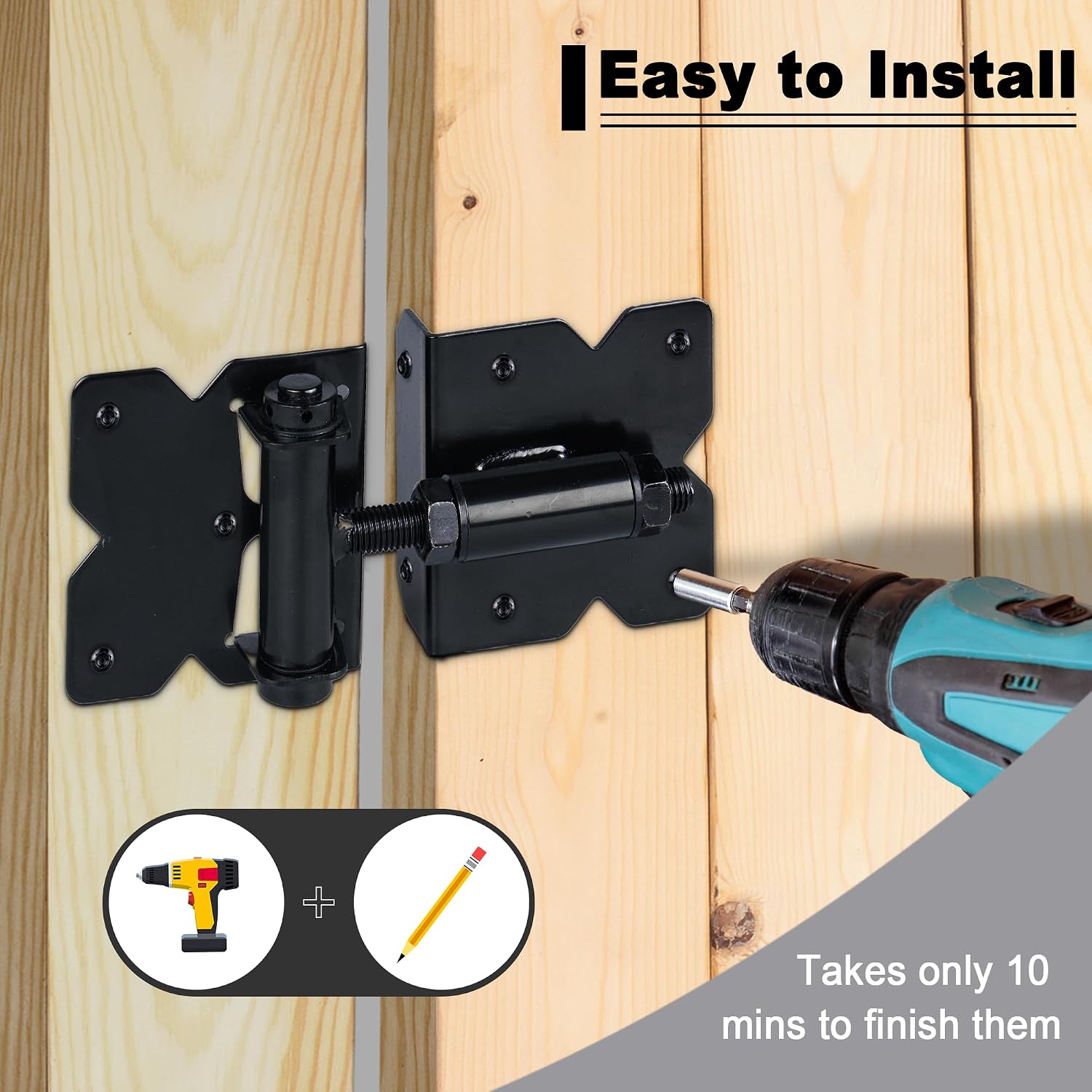 90 Degree Self Closing Gate Hinges - Heavy Duty Vinyl Fence Gate Kit & Baby Gate Hinges, Adjustable Closing Force for