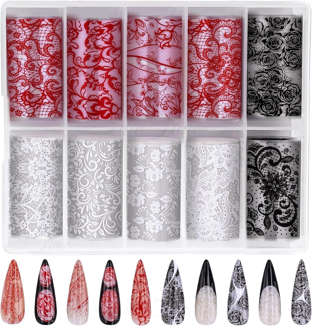 Lace Nail Foil Transfer Sheets, 10 Rolls Black White Red Flower Nail Art Transfer Foils Decals, Flower Nail Art Foils