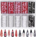 Lace Nail Foil Transfer Sheets, 10 Rolls Black White Red Flower Nail Art Transfer Foils Decals, Flower Nail Art Foils