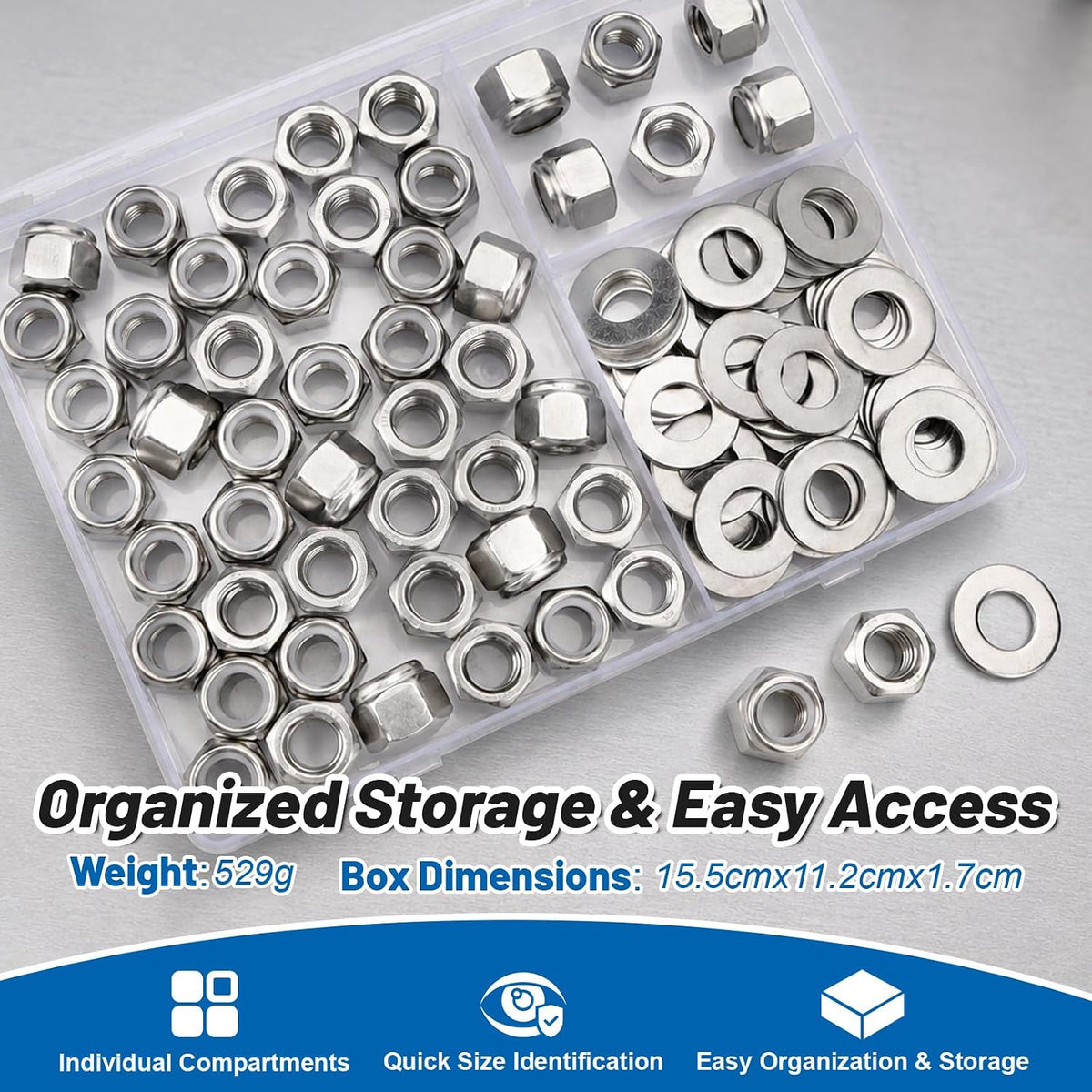 3/8-16 Lock Nut 96Pcs Stainless Steel Nylock Locking Nuts with Washers