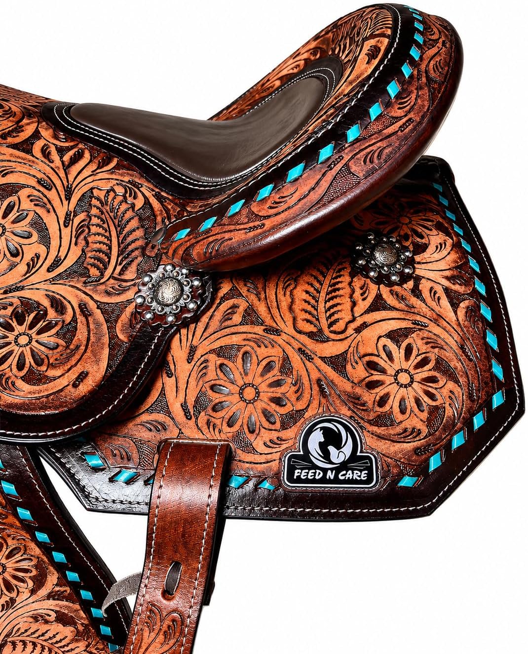 Western Leather Horse Saddle with Turquoise Floral Tooling & Tack Set