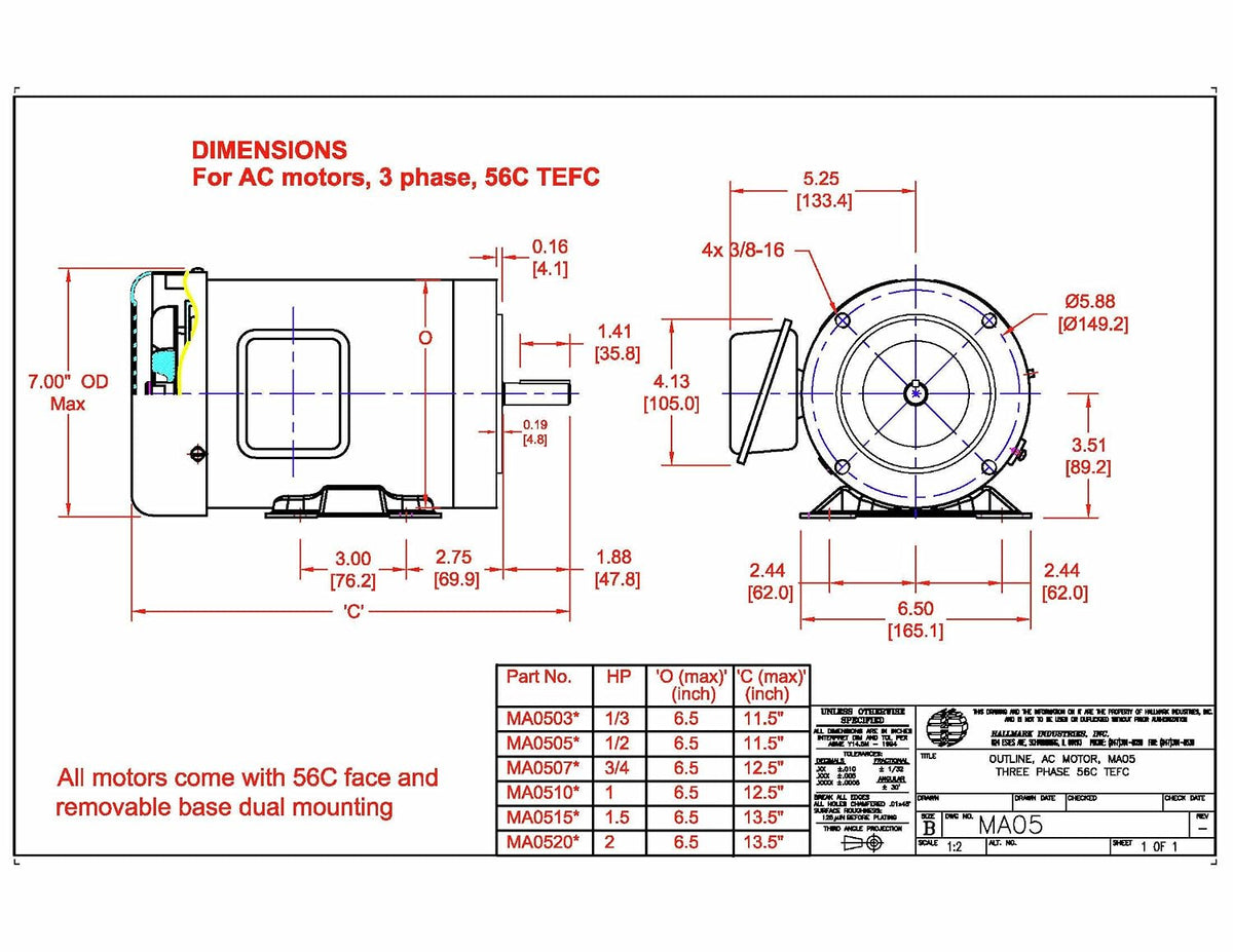Hallmark Industries AC Motor, 1/3 HP, 3450RPM, 3 Phase, 230/460V - MA0503F