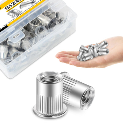 Mywish 100Pcs #8-32 Rivet Nuts, 304 Stainless Steel Flat Head Knurled Body RIV Nuts, Hardware Nuts Threaded Inserts Rivnuts for Wood & Metal, Rivnuts Rivets Nutsert Set