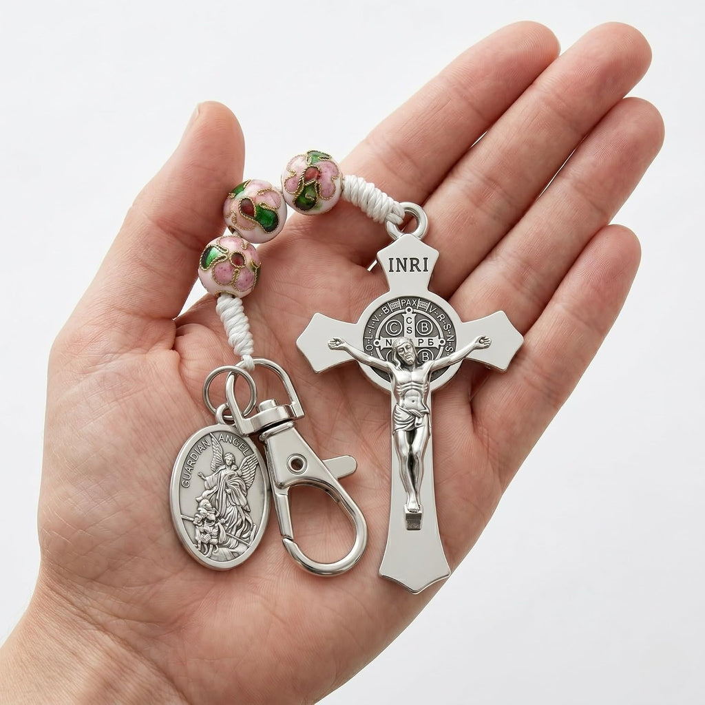 Catholic Rosary Keychain St Michael Medal White Enamel Beads