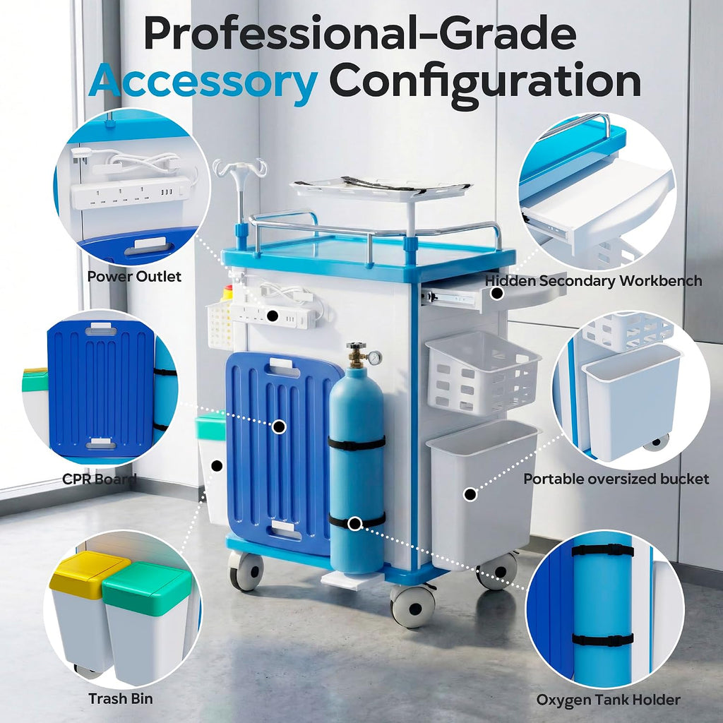 Medical Rolling Storage Crash Cart with Wheels, 5-Tier Medical Cart with Drawers, Adjustable IV Pole, Trash Bin & O2