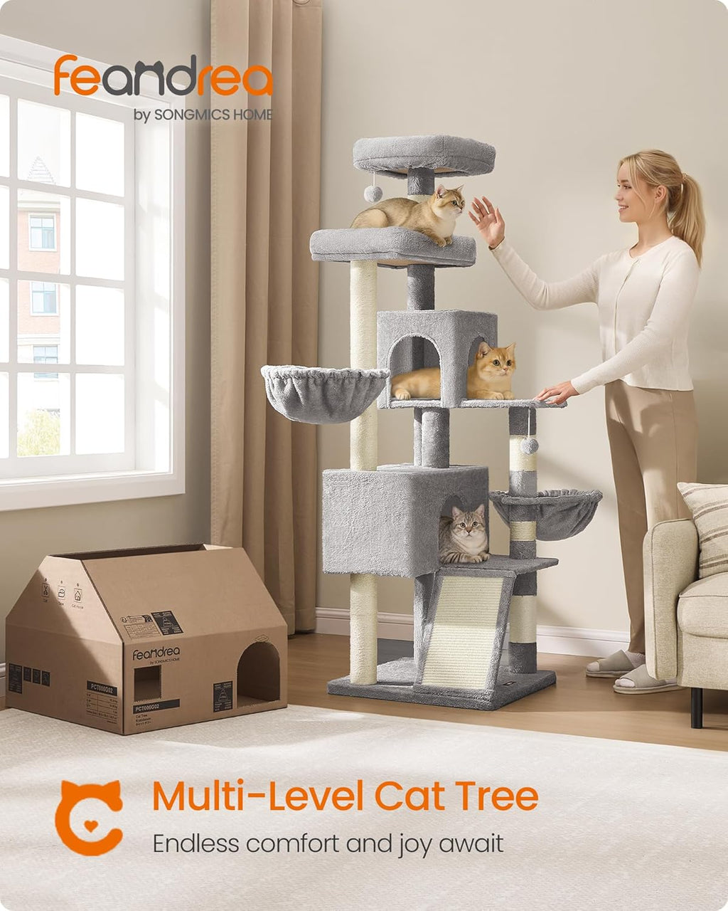 Cat Tree, 68.5-Inch Tall Cat Tower, Multi-Level Plush Condo with Large Perch, Scratching Posts, Double Caves, Dove