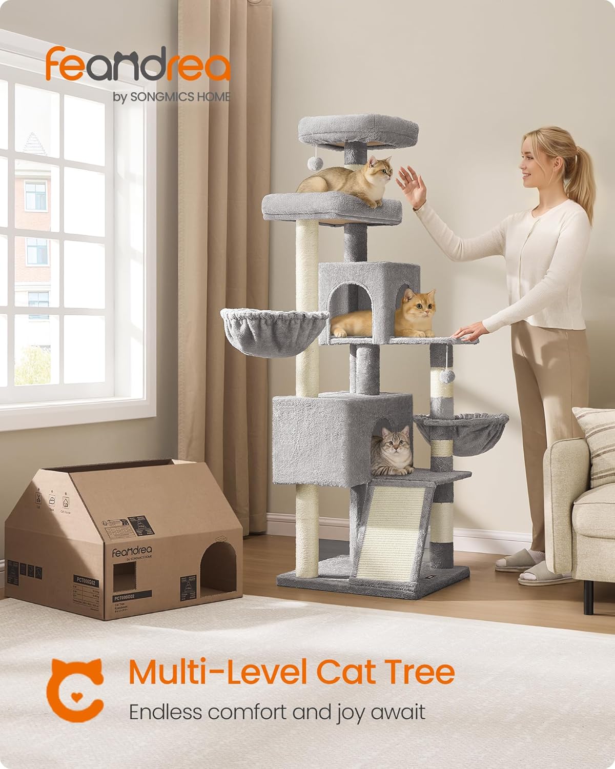 Cat Tree, 68.5-Inch Tall Cat Tower, Multi-Level Plush Condo with Large Perch, Scratching Posts, Double Caves, Dove