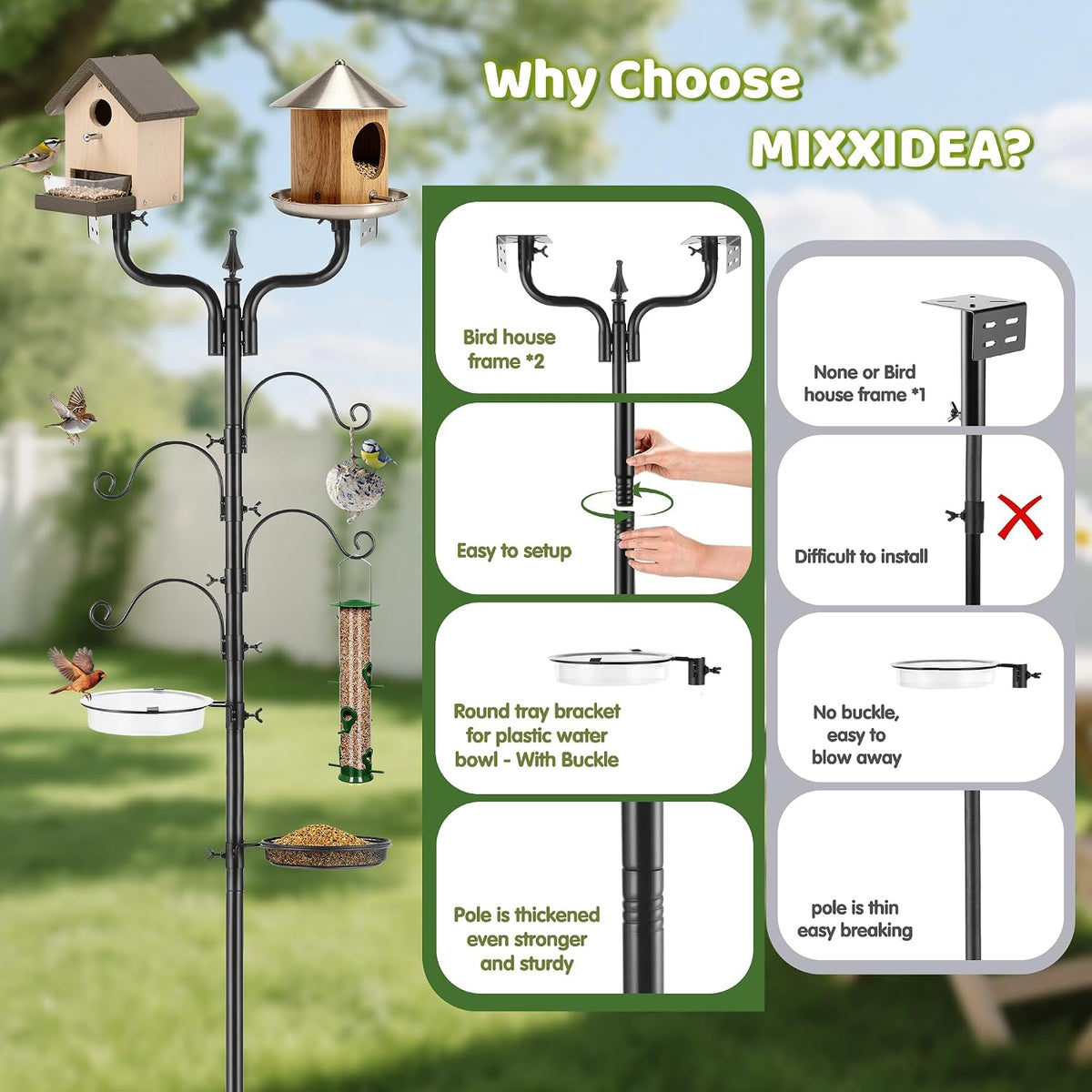 Upgraded Bird House Pole Heavy Duty Bird Feeder Pole Thickened Pole with 4 Hooks,Wind-Resistant Water Bowl,Mesh