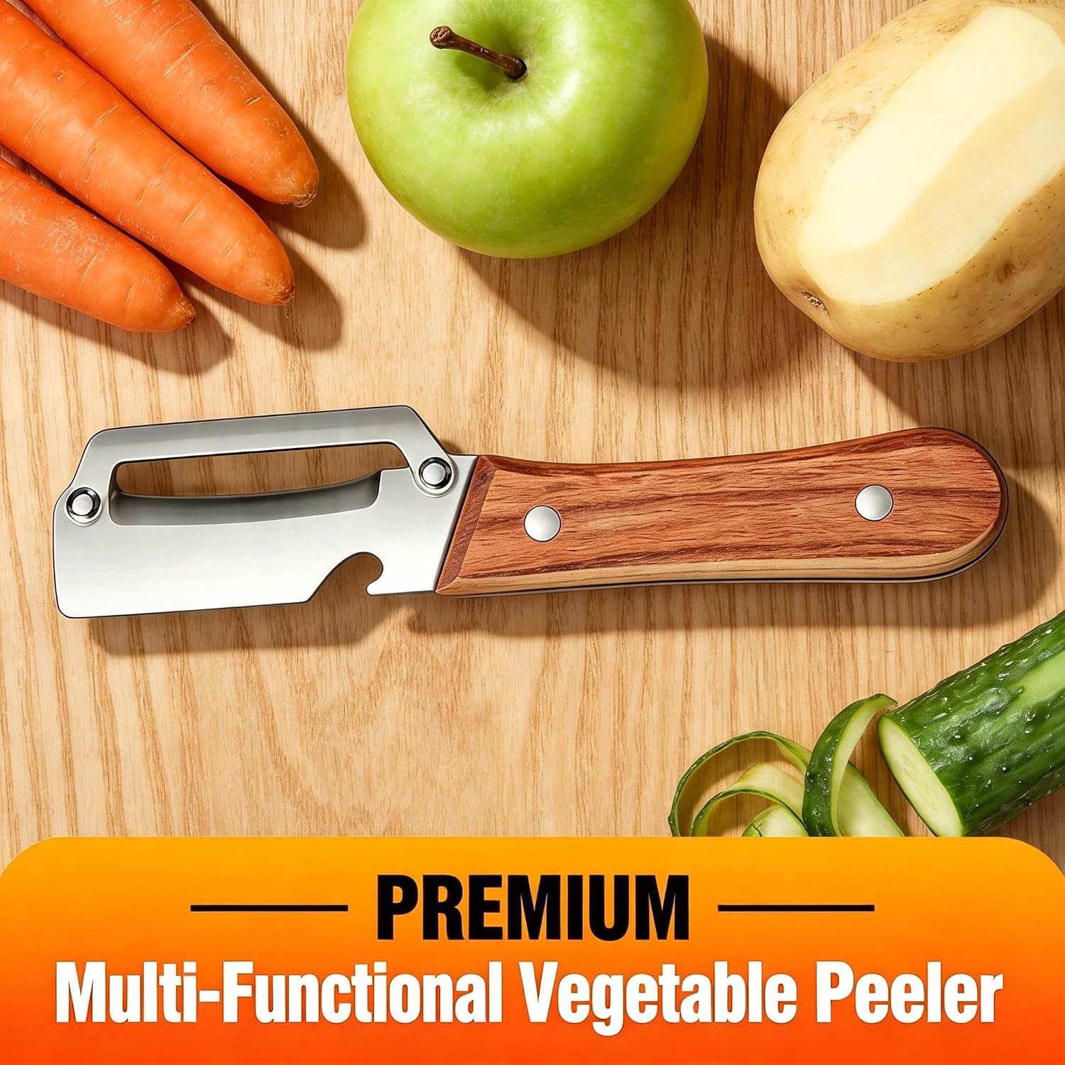 Vegetable Peeler 2 Pack, Multifunctional Stainless Steel Peeler with Wooden Handle and Bottle Opener - 2 in 1 Ultra