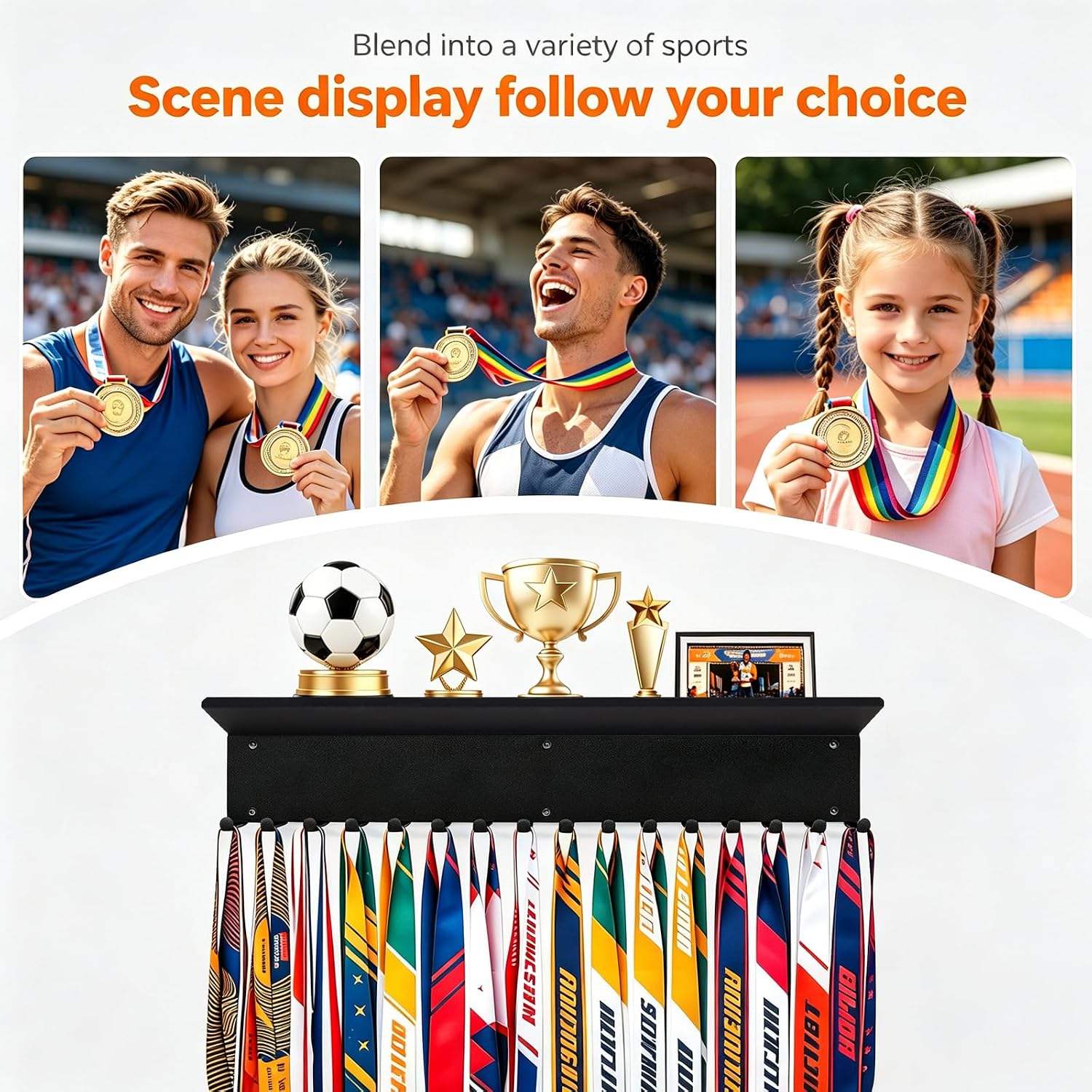 Medal Hanger Display with Shelf, Trophy and Medal Display Shelf, Sports Medal Plaques Hanger Display for Running
