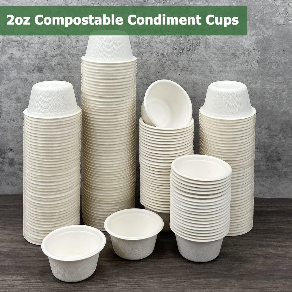 2 oz Disposable Bagasse Fiber Souffle Cups 100pk, 100% Natural Biodegradable Compostable Condiment Cups Sample Cup