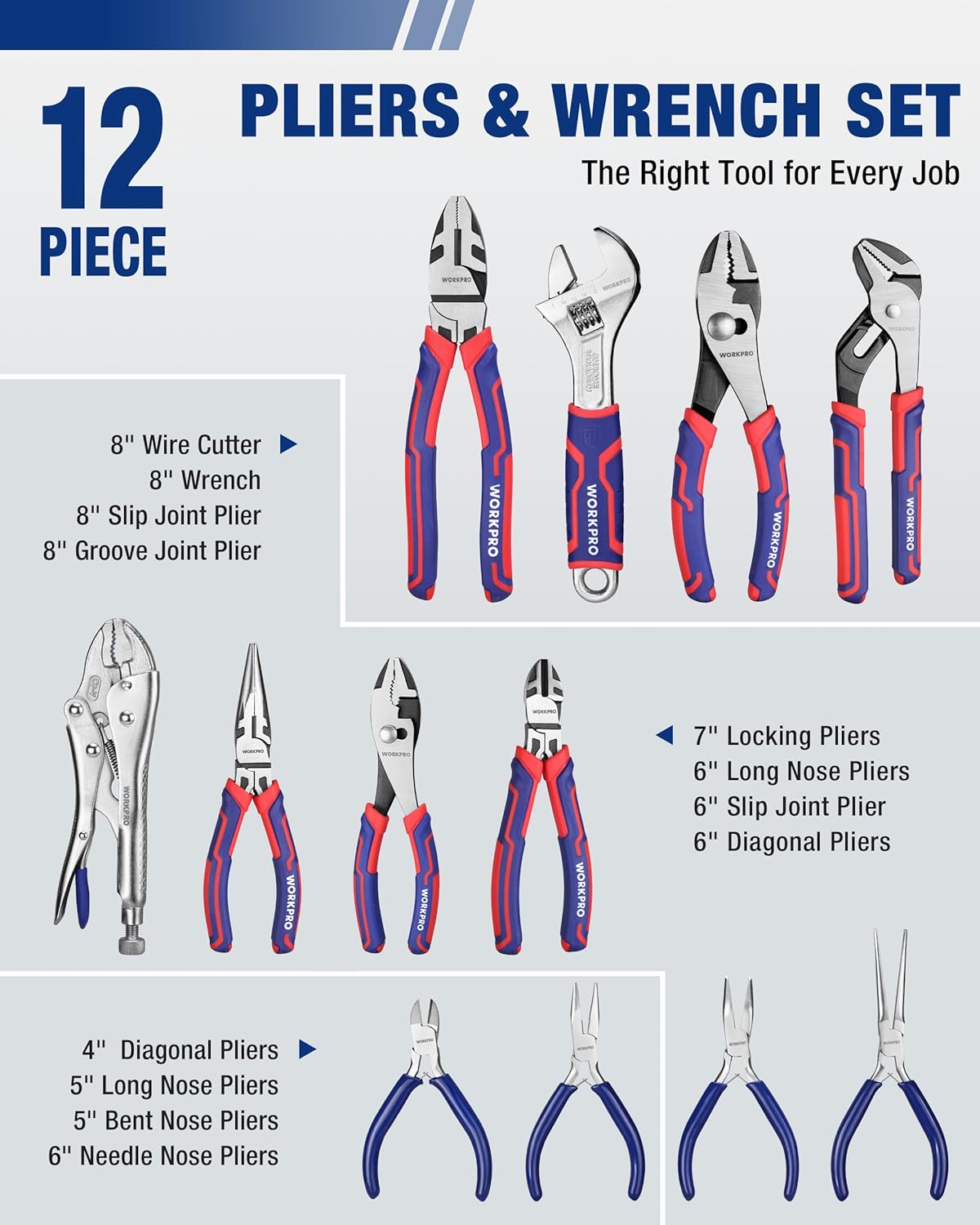 Pliers & Wrench Set, 12-Piece Pliers Tool Set with Organizer, Include Needle Nose, Wire Cutter, Groove Joint, Slip