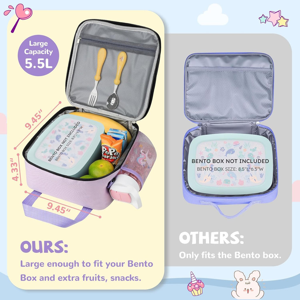 Lunch Box Kids, Large Insulated Lunch Bag for Girls, Purple | Tactical Style, Cooler Lunchbag, Square Toddler