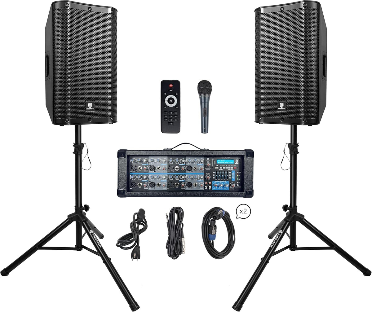 Delta 128 2400W Bluetooth PA Speaker System with 8-Channel Powered Mixer, 2 12-Inch Passive Speakers, Stands, Reverb