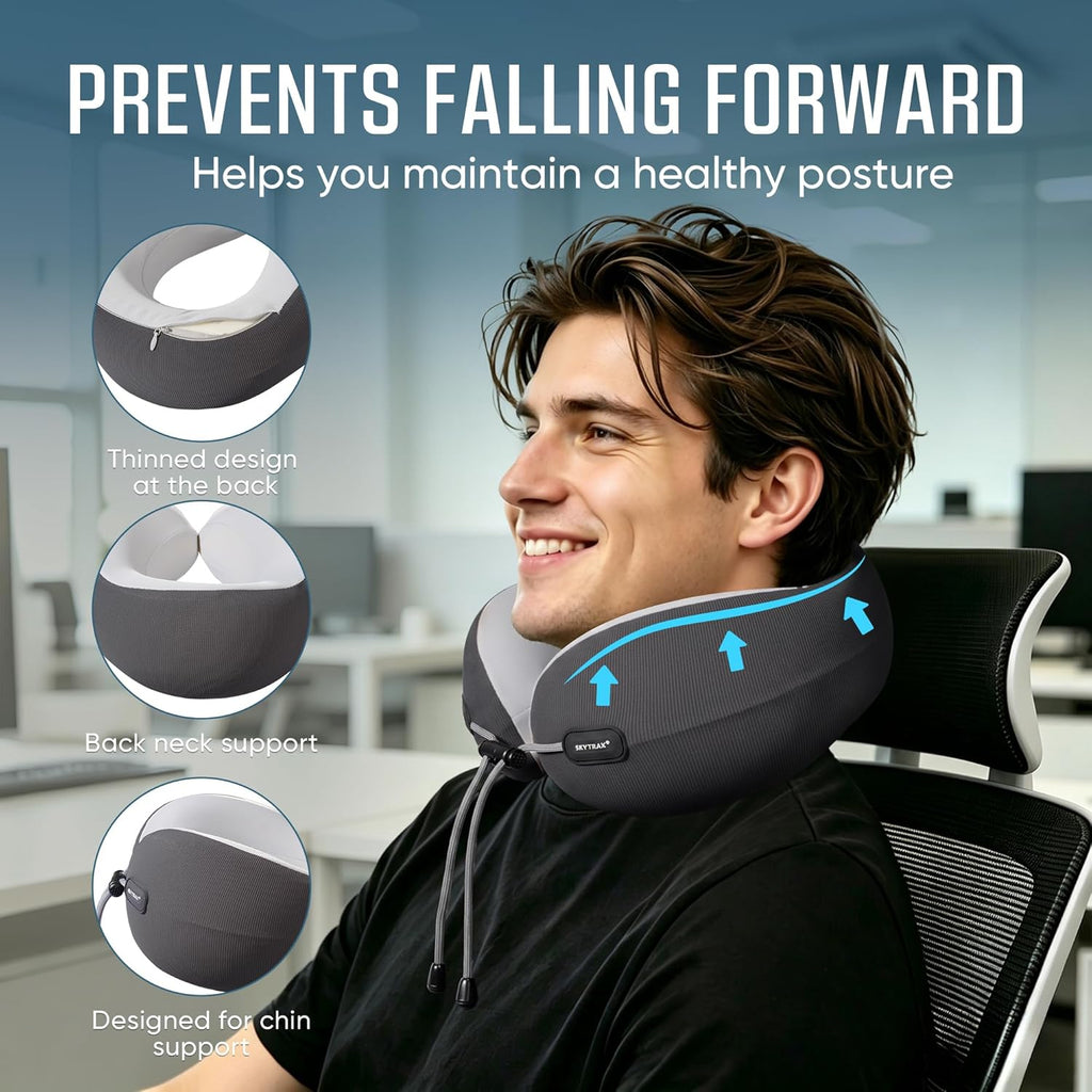Premium Ergonomic Memory Foam Travel Neck Pillow, Washable Cooling Ice Silk Cover, Firm Neck Support for Airplane