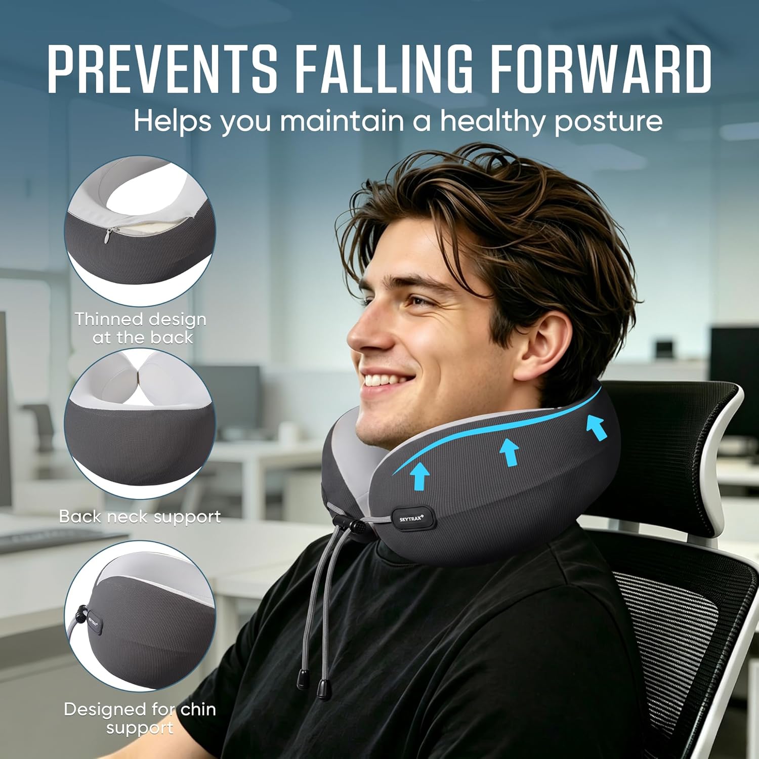 Premium Ergonomic Memory Foam Travel Neck Pillow, Washable Cooling Ice Silk Cover, Firm Neck Support for Airplane