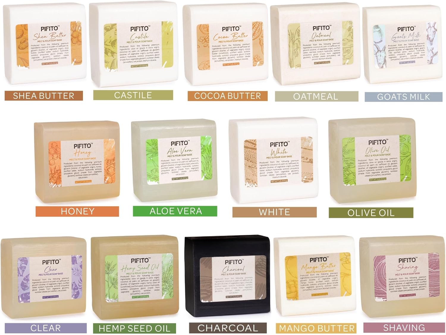 Melt and Pour Soap Base Sampler (7 lbs) │ Assortment of 7 Bases (1lb ea) │ Argan Oil, Avocado Oil, Castor Oil