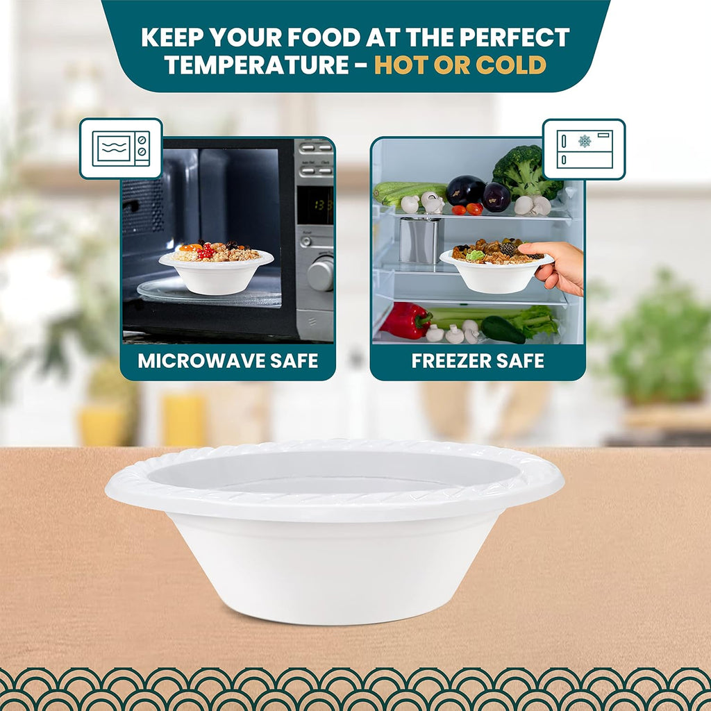 Plastic Bowls - 100 Count Microwavable Disposable Bowls - Strong Heavy Duty And Sturdy White Plastic Bowls Disposable