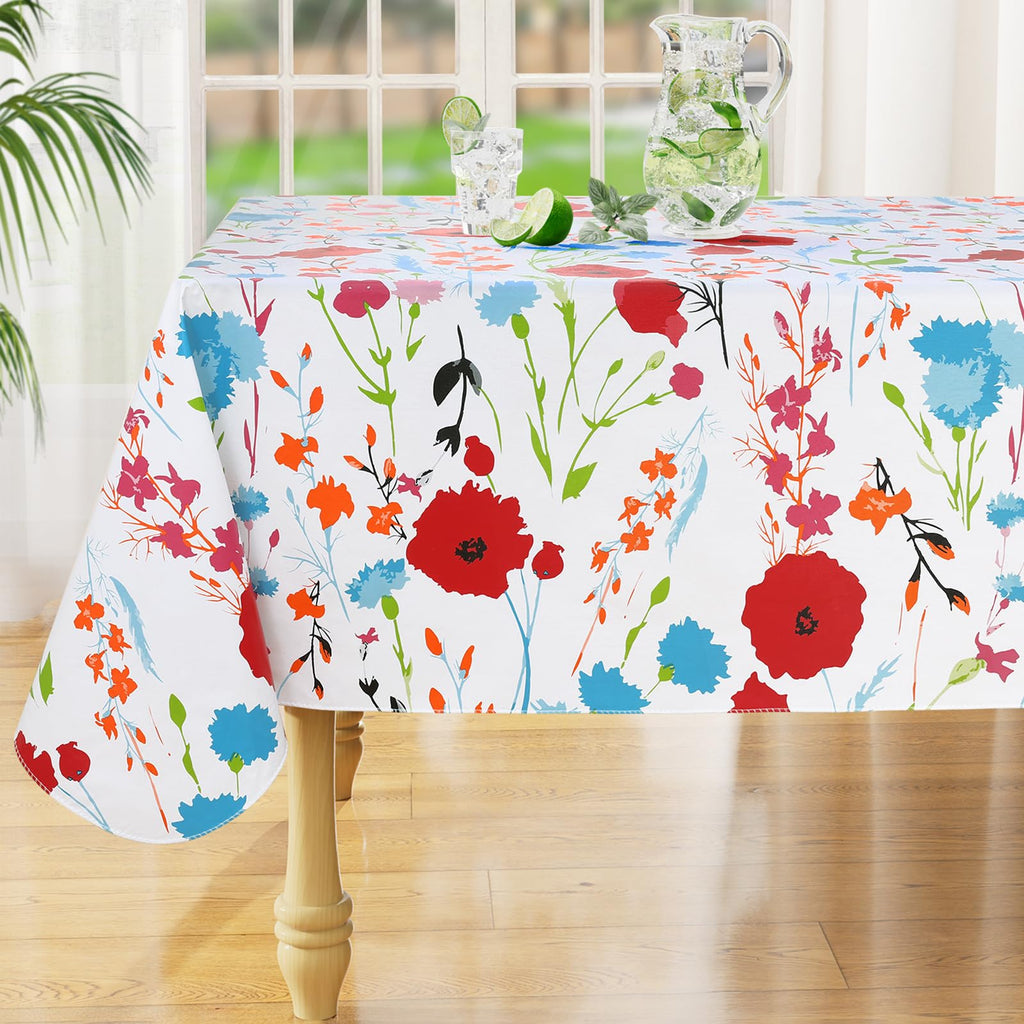 Rectangle Waterproof Vinyl Table Cloth, Wipeable Tablecloth with Flannel Backing, Plastic Table Cover for Dinner