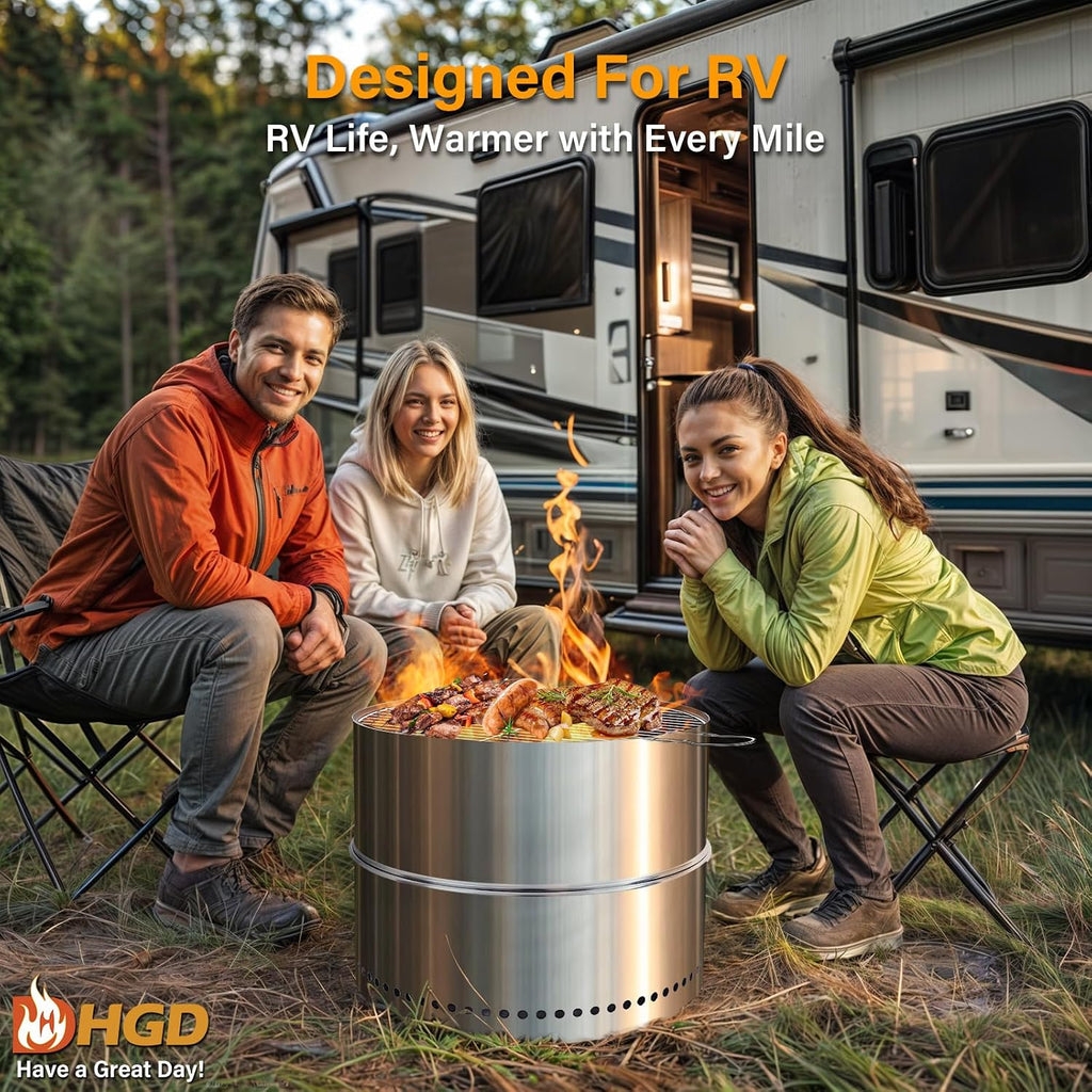 19.6 Inch Smokeless Firepit with Grill, Portable Wood Burning Fire Pit for Camping & Backyard, Stainless Steel