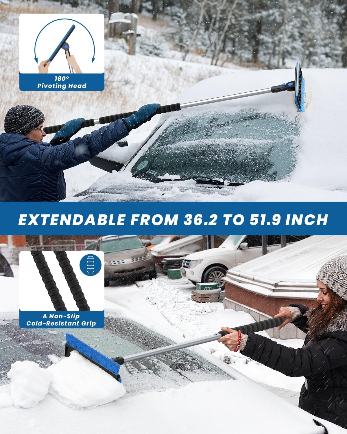 55.7" Snow Brush and Ice Scrapers for Car Windshield, Blue | Extra Long, Multi-Functional Detachable, Foam Grip, 270°