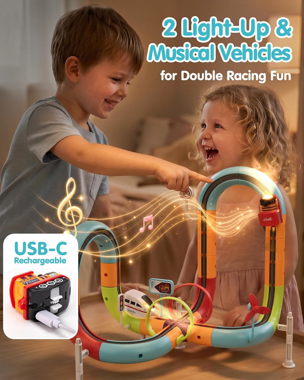 Electric Train Set for Kids Ages 4-8, Flexible Race Track - 64PCs | Dual-rail, Anti-gravity, 2 Trains with Music