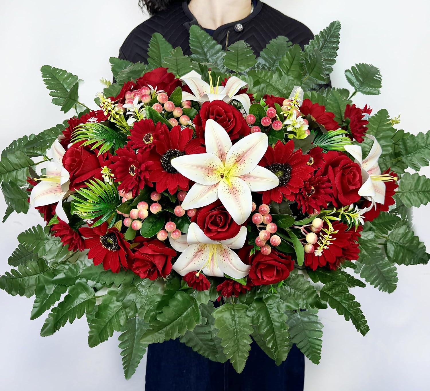 Artificial Cemetery Flower Bouquets and Headstone Flower Saddle for Grave,Three-Piece Set:Rose,Sunflower Rose