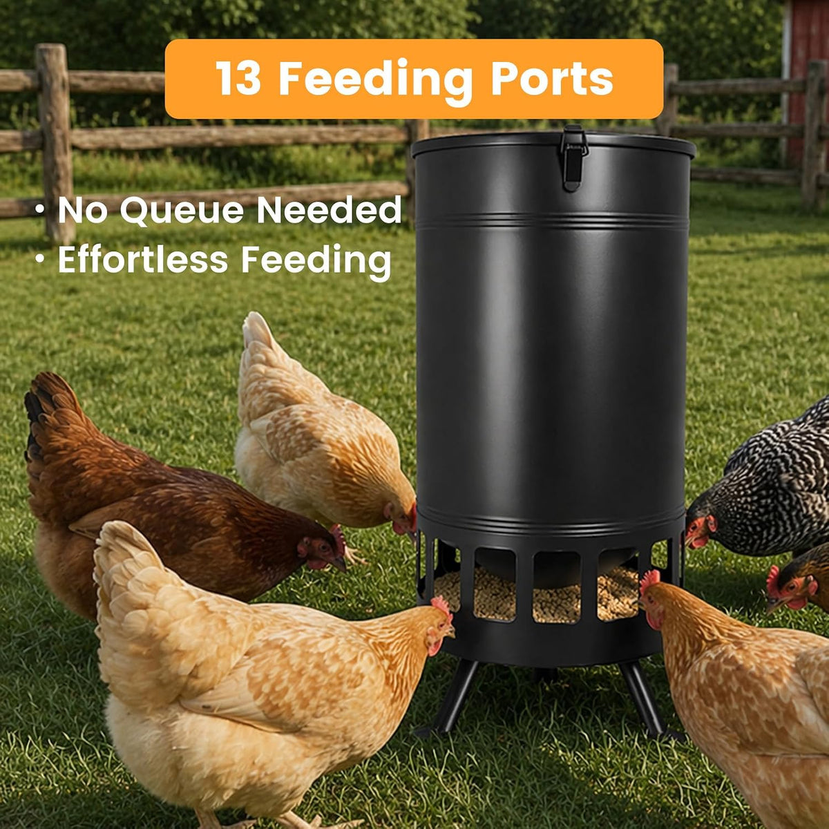 Large Chicken Feeder with 13 Ports, 65 LB Portable Gravity Poultry Feeder No Waste, Dispenser, Automatic Chicken