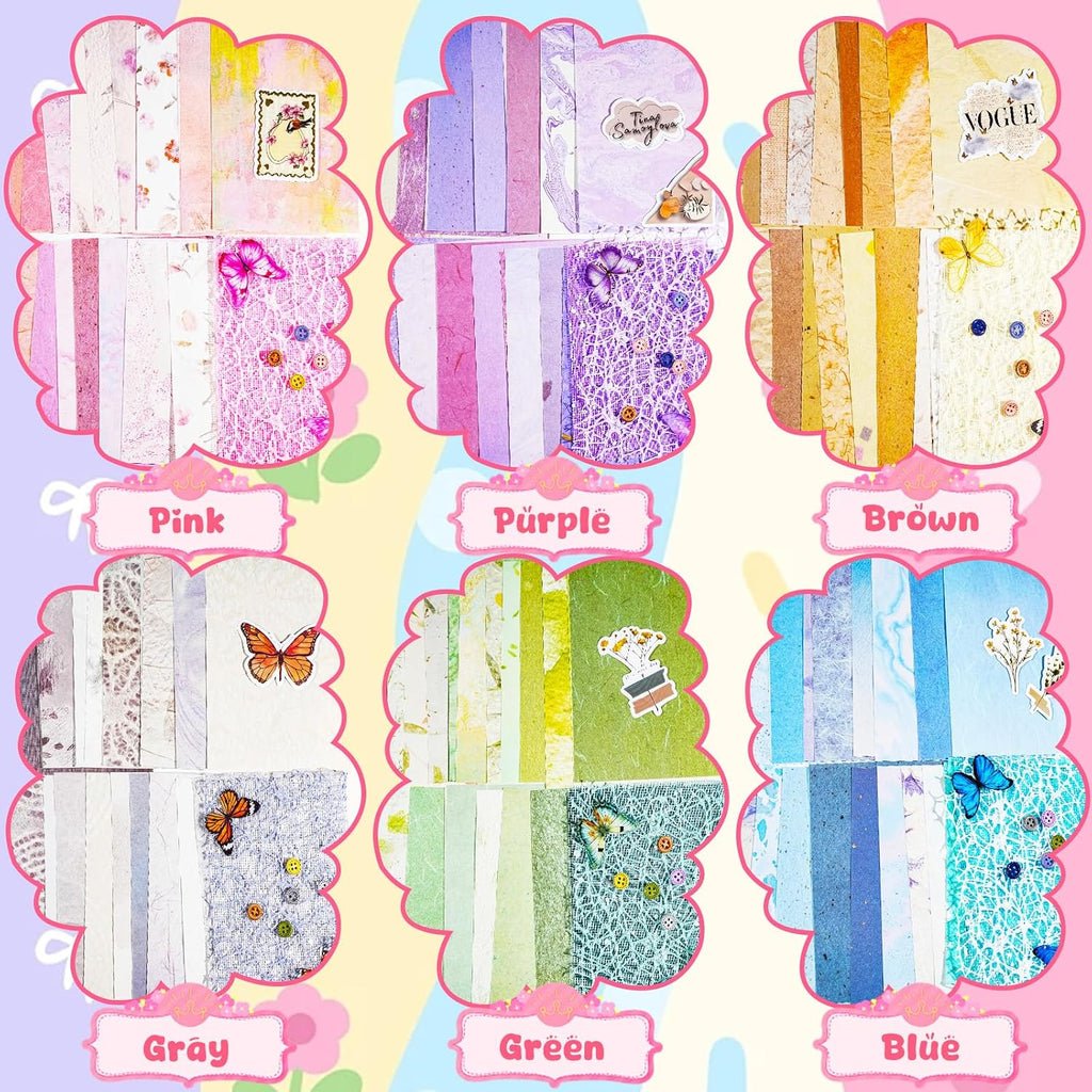 156 Sheets Textured Scrapbook Paper and Mesh Fabric Assorted Set 6 Pack Mixed Special Paper Scrapbook Tape and