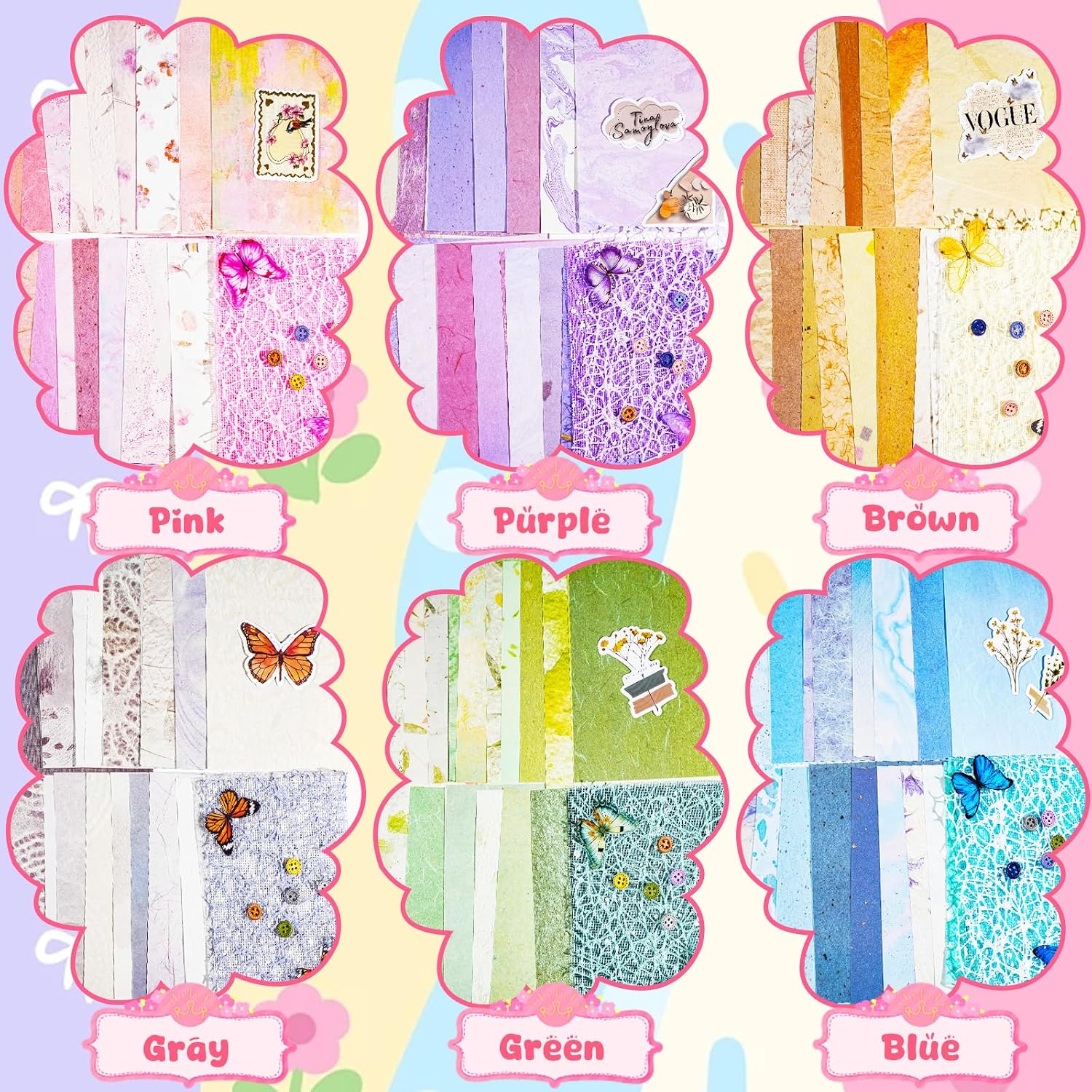 156 Sheets Textured Scrapbook Paper and Mesh Fabric Assorted Set 6 Pack Mixed Special Paper Scrapbook Tape and