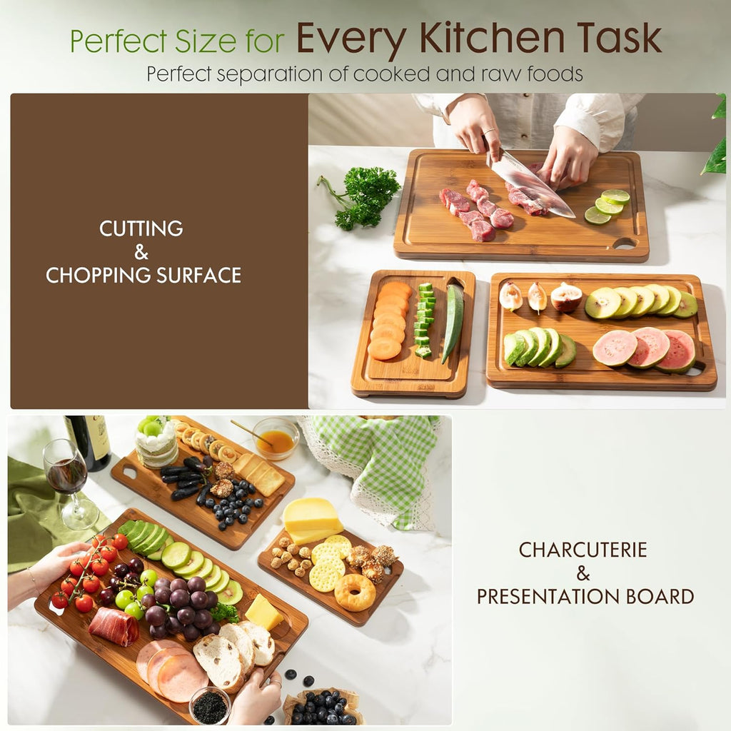 Deep-Carbonized Bamboo Cutting Boards for Kitchen with Wood Storage Stand, Reversible Charcuterie & Chopping Boards