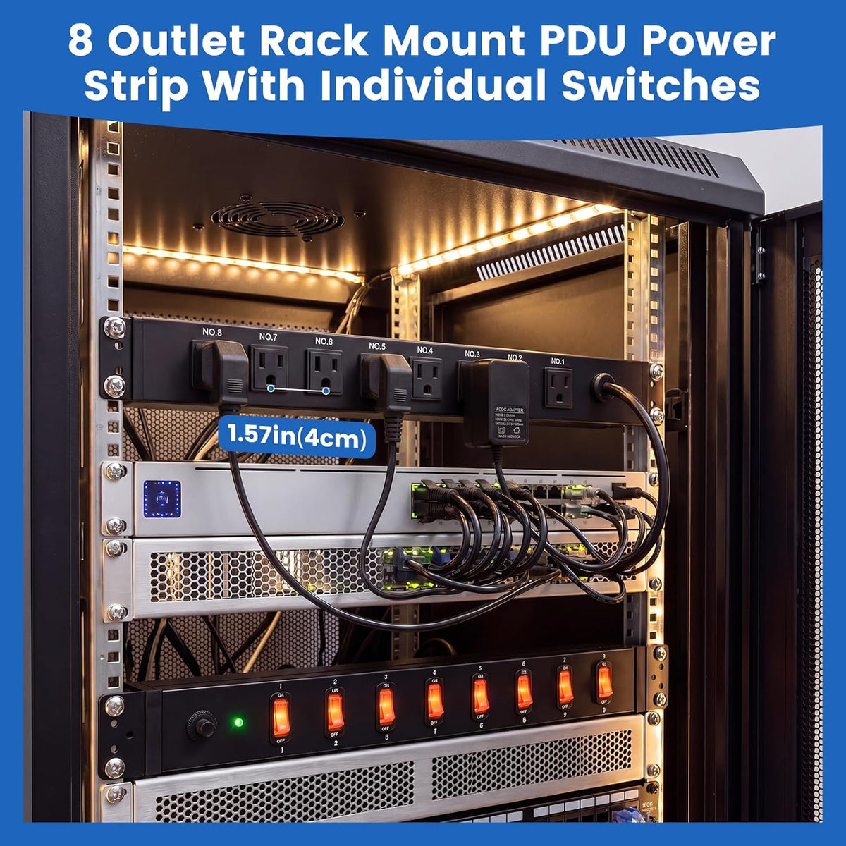 PDU Rack Mount Power Strip, Heavy Duty 12 Gauge Cord, 6FT, 1 | 8 Outlets Individual Switches, Metal, Server Mountable