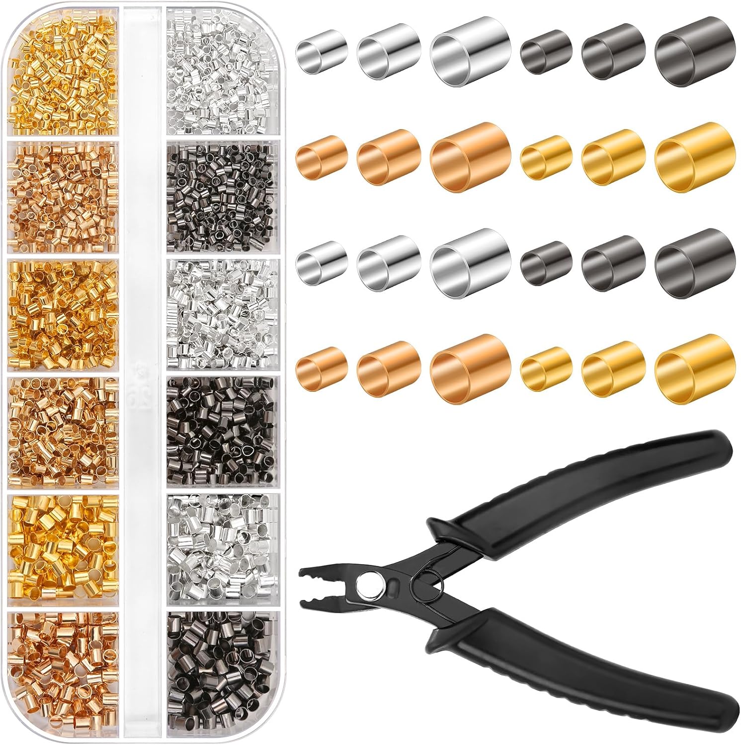 Crimping Beads for Jewelry Making, 2200 Pieces Crimp Tubes with Crimping Pliers for Earring Necklace Bracelet DIY