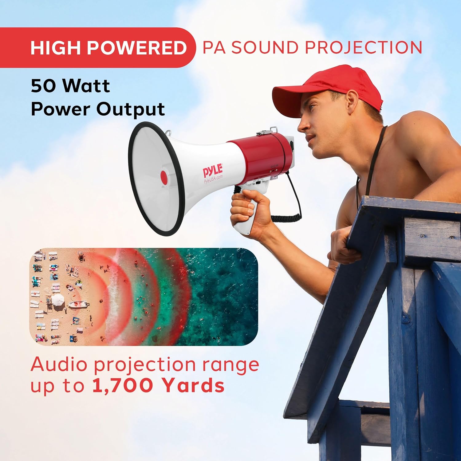 Megaphone 50W PA Bullhorn - Built-in Siren, Adjustable Volume Control & 1760 Yard Range, Record Function - Ideal for