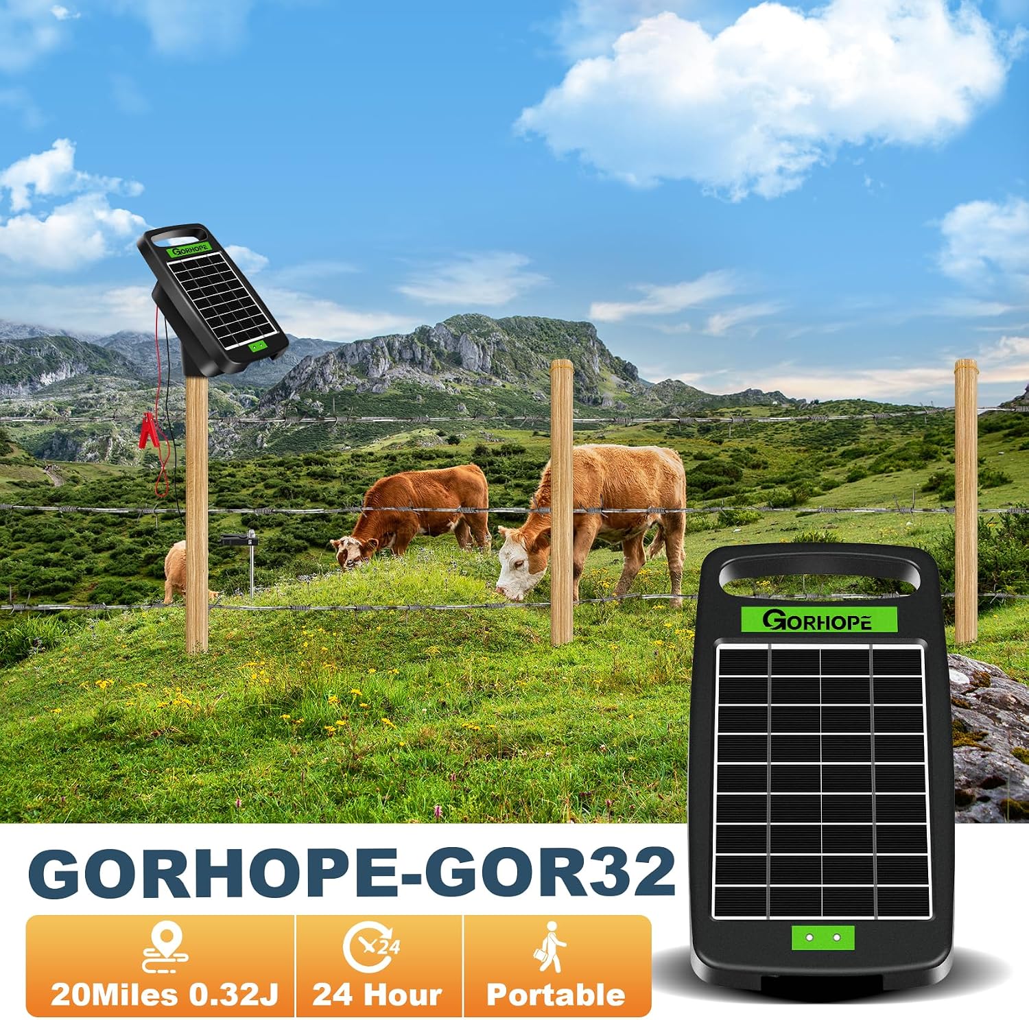 20 Miles Solar Electric Fence Charger,0.32J Powered 24-Hour Protection