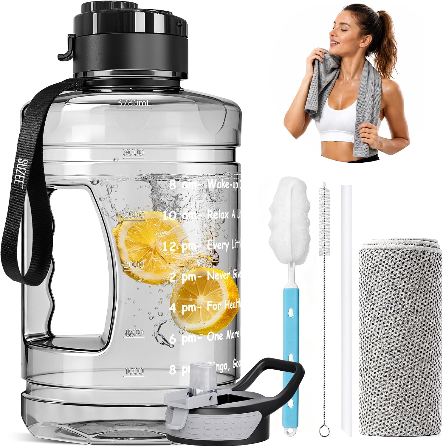 1 Gallon Water Bottle, Water Jug with Time Marker & Straw & Handle,2 Lids | BPA Free,Gallon Water Jug, Half Gallon
