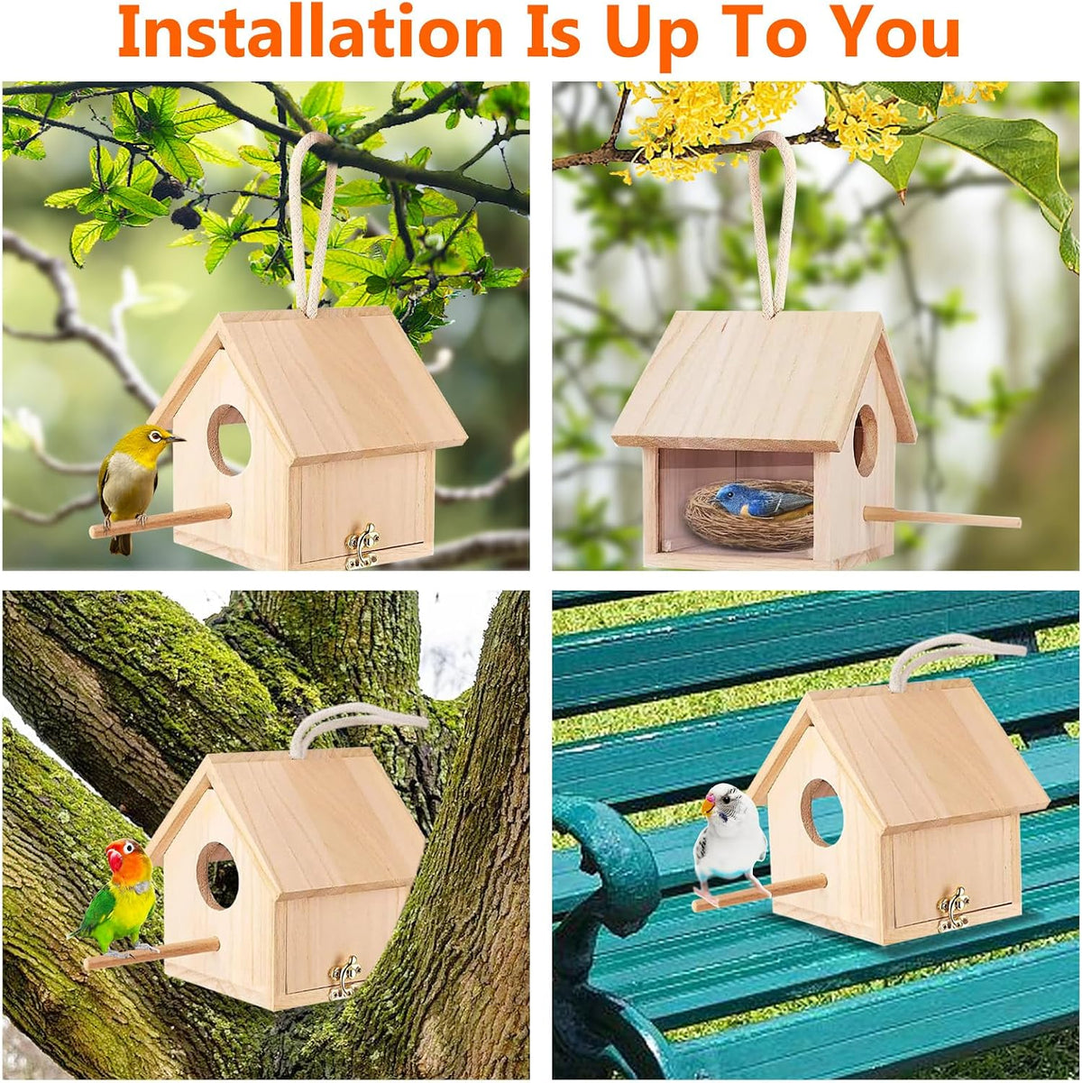 Wooden Bird House Transparent Outdoor Bird House Hanging Nests Box Garden Patio DIY Decorative for Wren Swallow