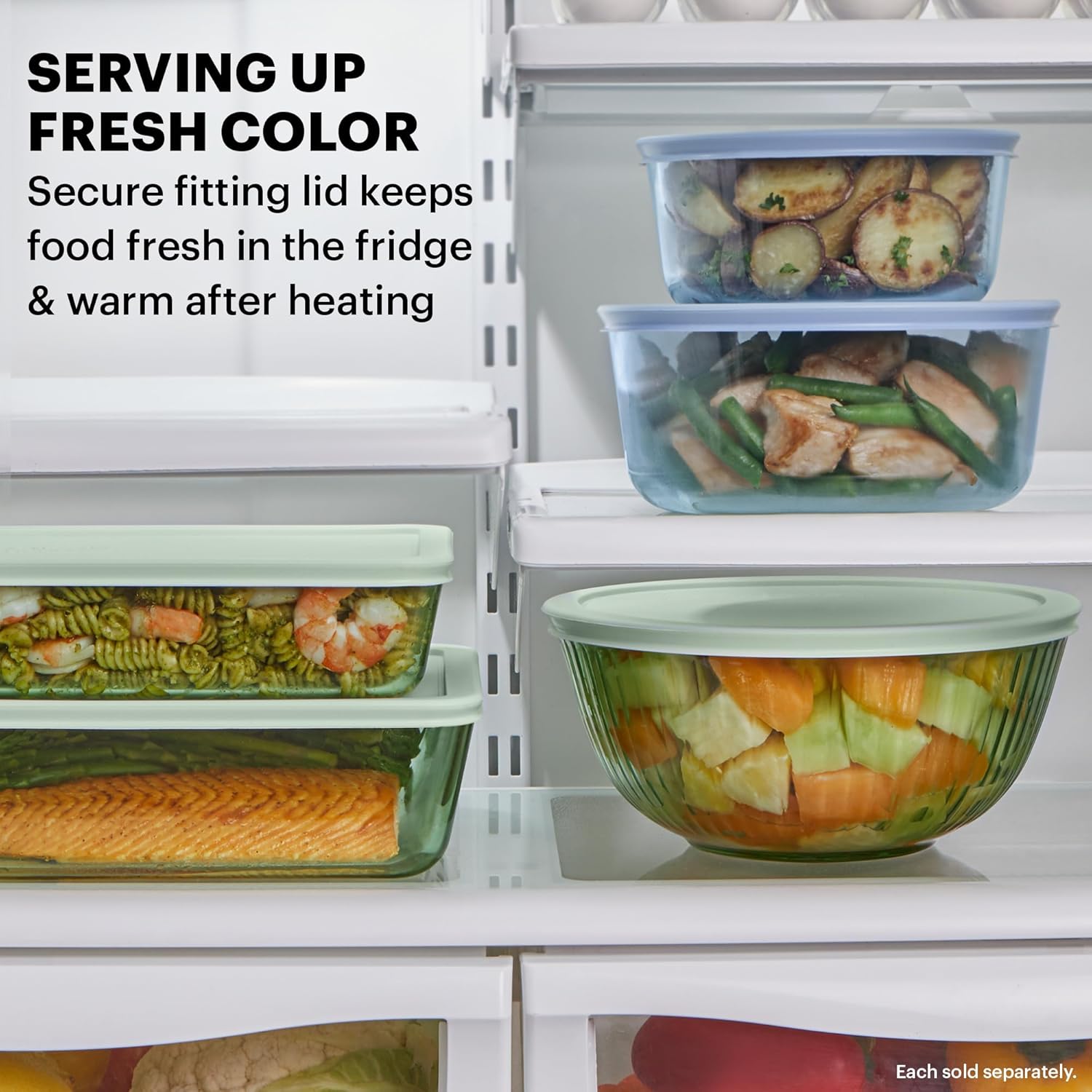 Colors Tinted (3-Pack, Full Set) Sculpted Tinted Glass Mixing Bowls With Plastic Lids, Nesting Space Saving Set of