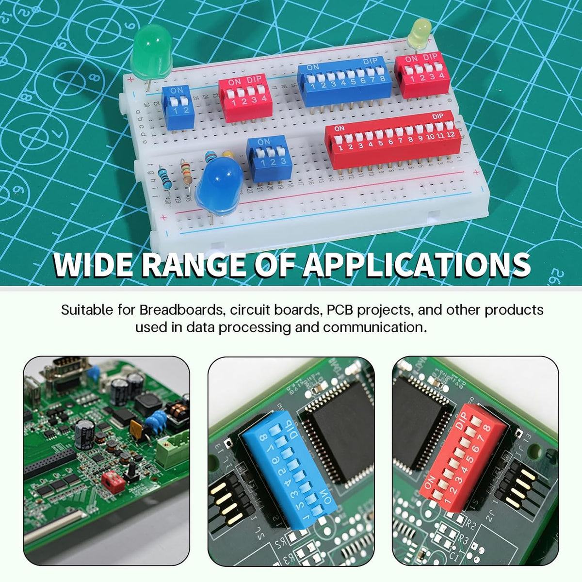 11Values Dip Switch Kit 1 2 3 4 5 6 7 8 9 10 12 Position 2.54MM Double Row PCB Mountable On Off Slide Type Toggle Switches for Circuit Breadboard (Pack of 40)