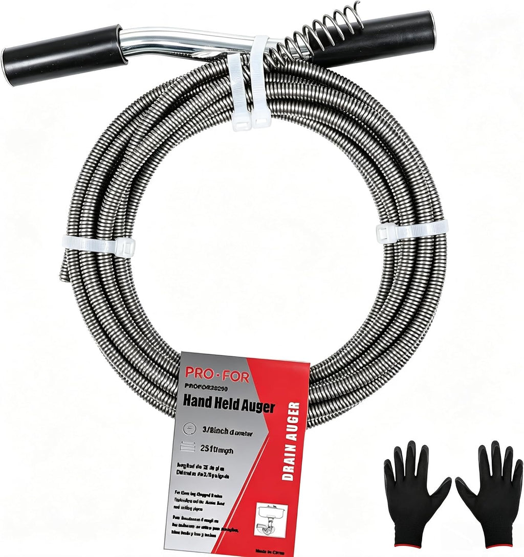 25FT Handheld Drain Auger, Heavy Duty Plumbing Snake for Clogged Drains, 3/8 Inch Diameter Manual Drain Cleaner for