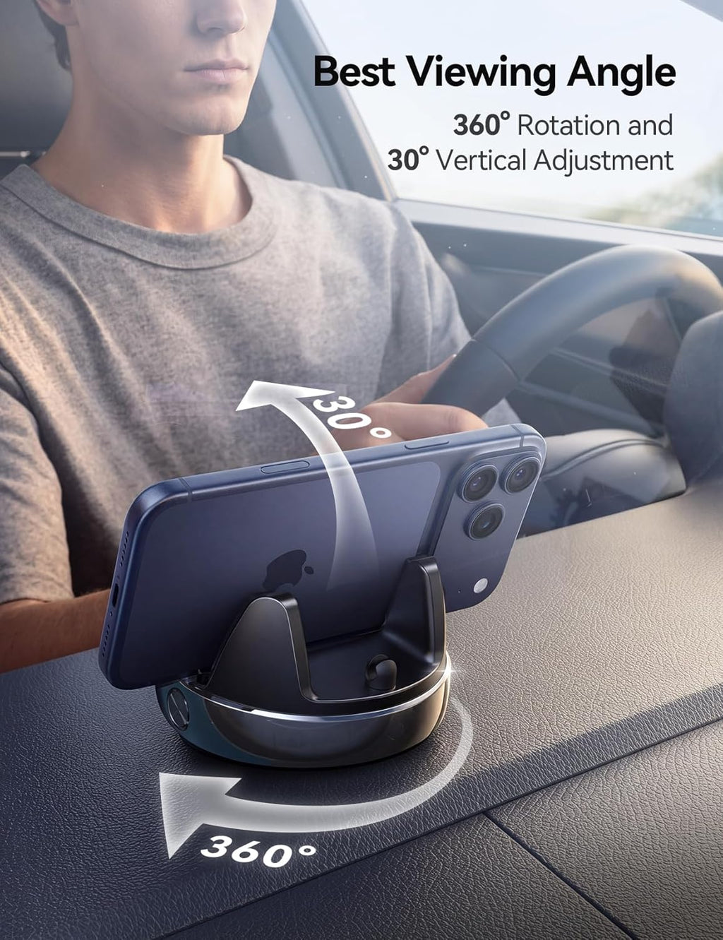 Car Phone Holder Mount, 360° Adjustable & Avoid Sun Glare Phone Holder for Car, Slip Free Spring Snap Design