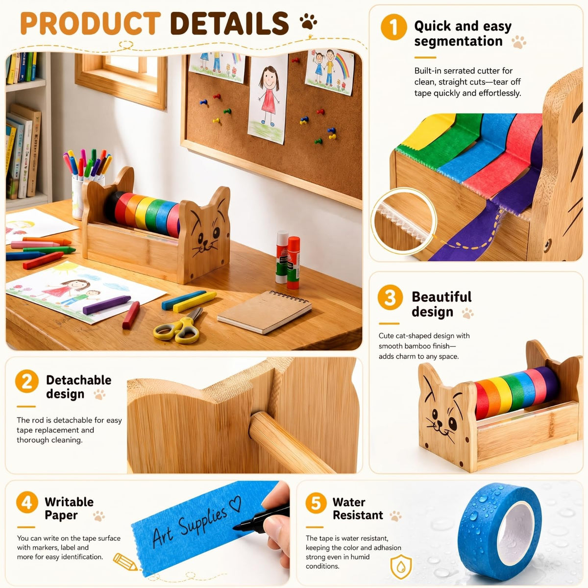 9 Pcs Cat Masking Tape Dispenser with Colored Tape,Bamboo