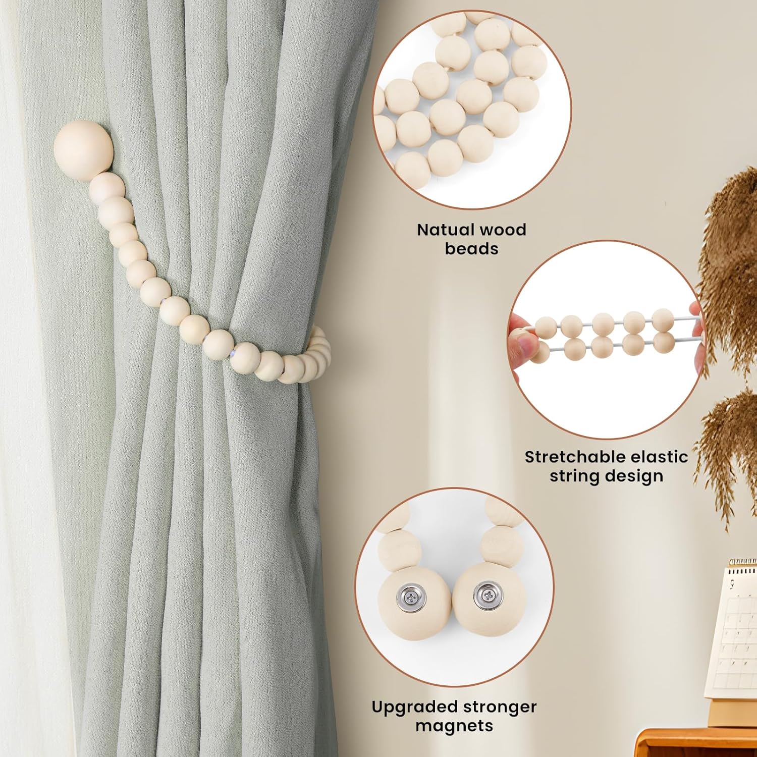 Magnetic Curtain Tiebacks, Curtain Holdbacks for Curtains 2 Pack, Wood Bead Curtain Holders for Boho Bedroom Decor