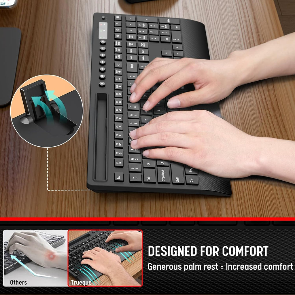 Wireless Keyboard and Mouse Combo, Full Size with Palm Rest | Quiet Typing, Phone Holder, Multimedia Keys, Power