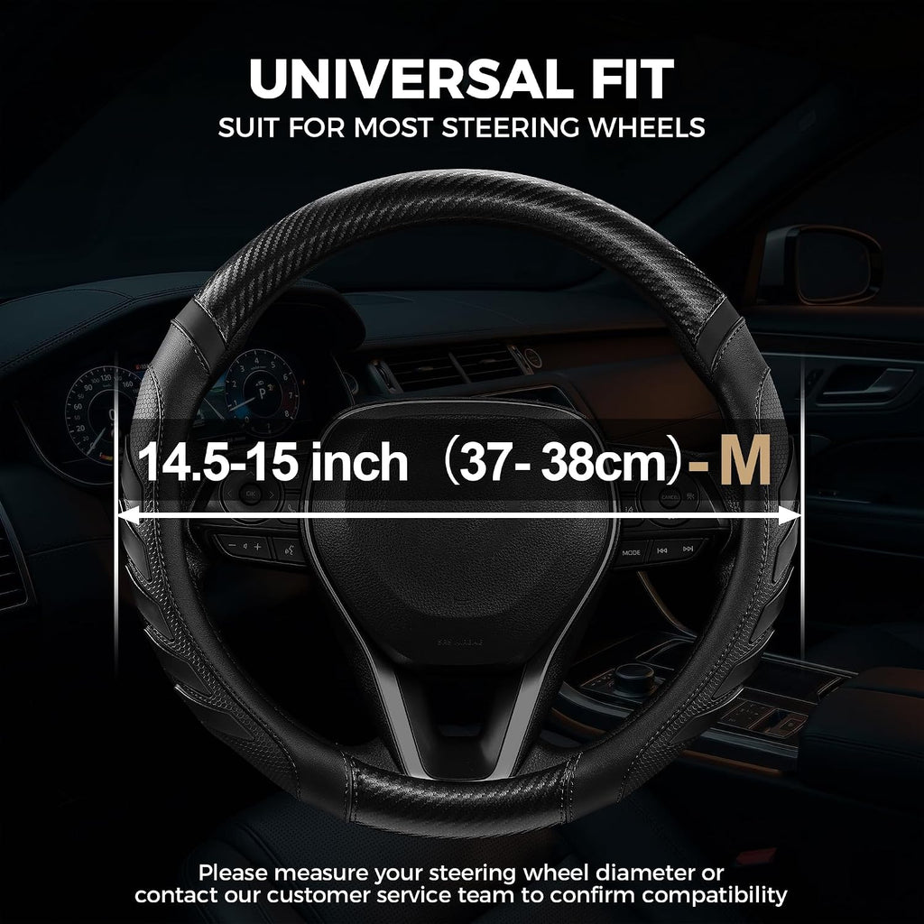 Carbon Fiber Leather Steering Wheel Cover with Anti-Slip Grip, 3D Textured Design, 14.5-15 Inch Car Steering Wheel