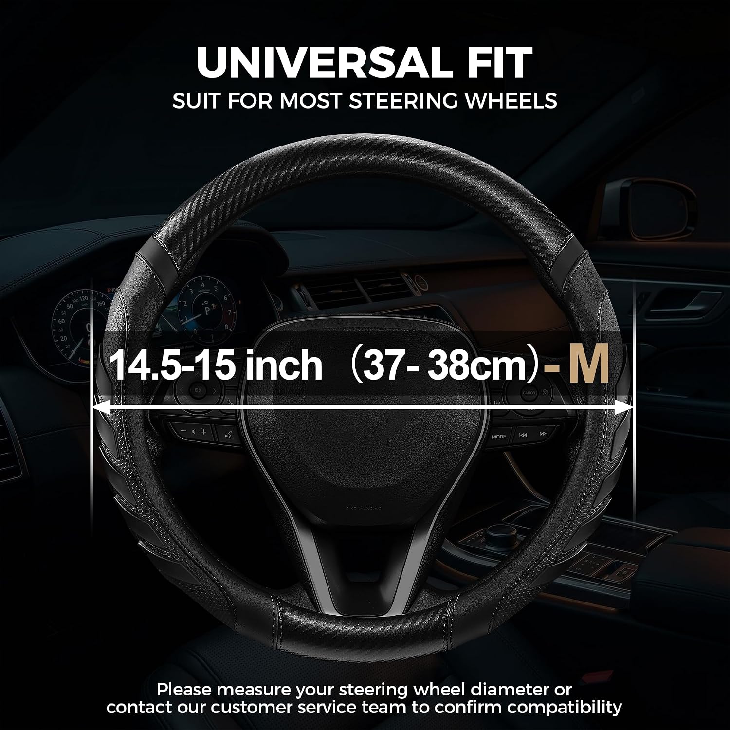 Carbon Fiber Leather Steering Wheel Cover with Anti-Slip Grip, 3D Textured Design, 14.5-15 Inch Car Steering Wheel