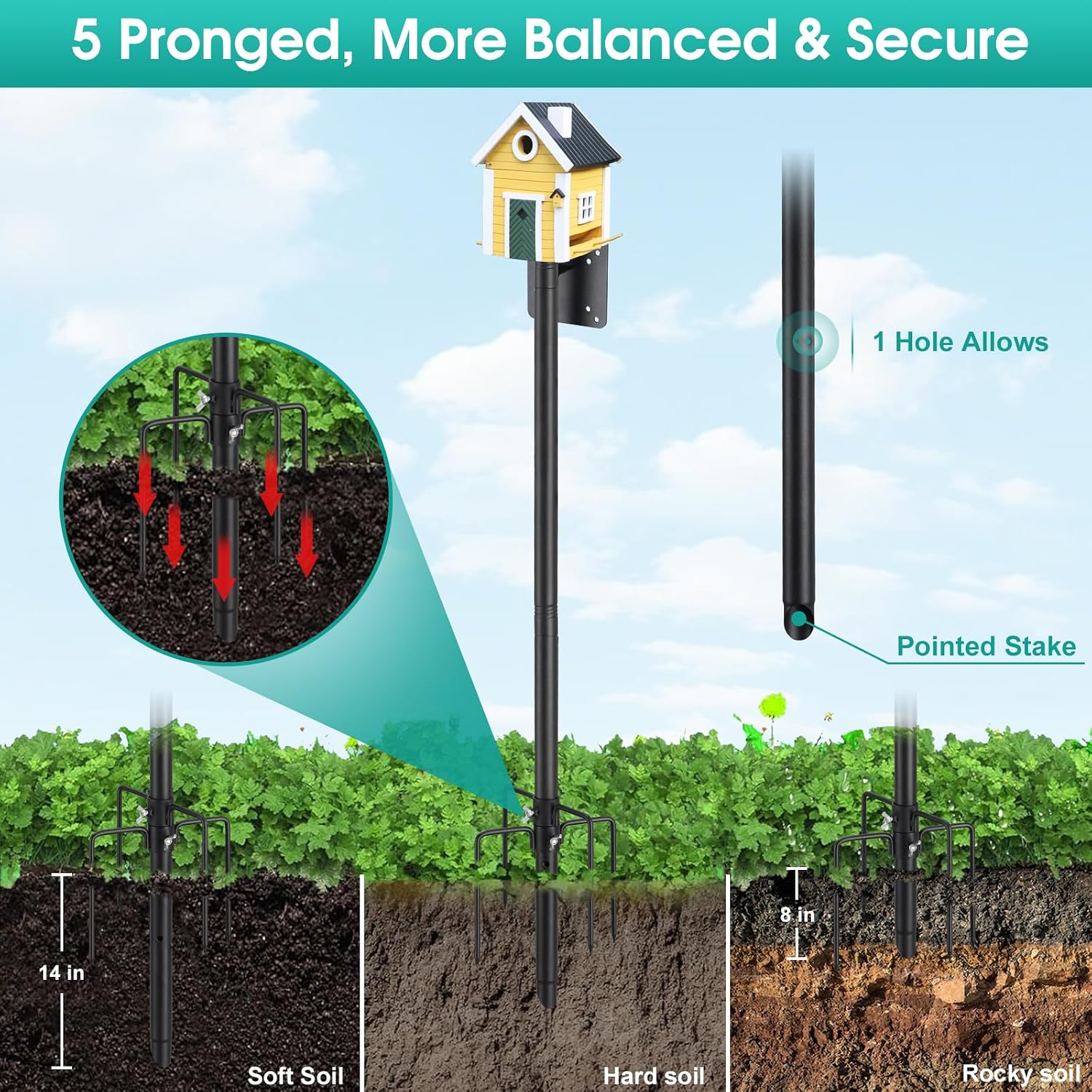 Bird House Pole,102 Inch Heavy Duty Bird Feeder Pole Mount Kit for Outdoors, 5-Prong Base, Splicing Adjustable