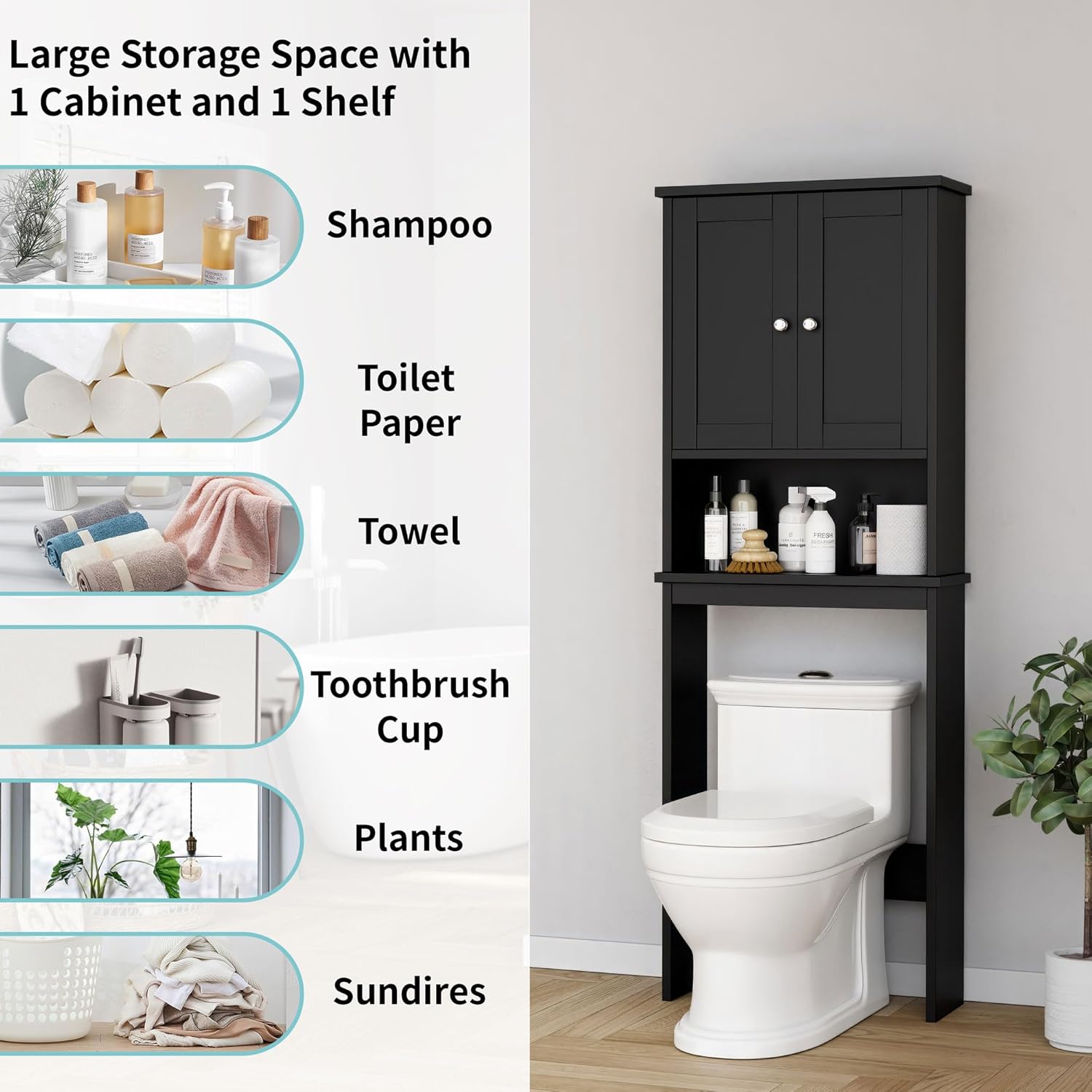 Over the Toilet Storage Cabinet, Bathroom Shelf Organizer with Anti-Tip Device Small Freestanding Space Saver with