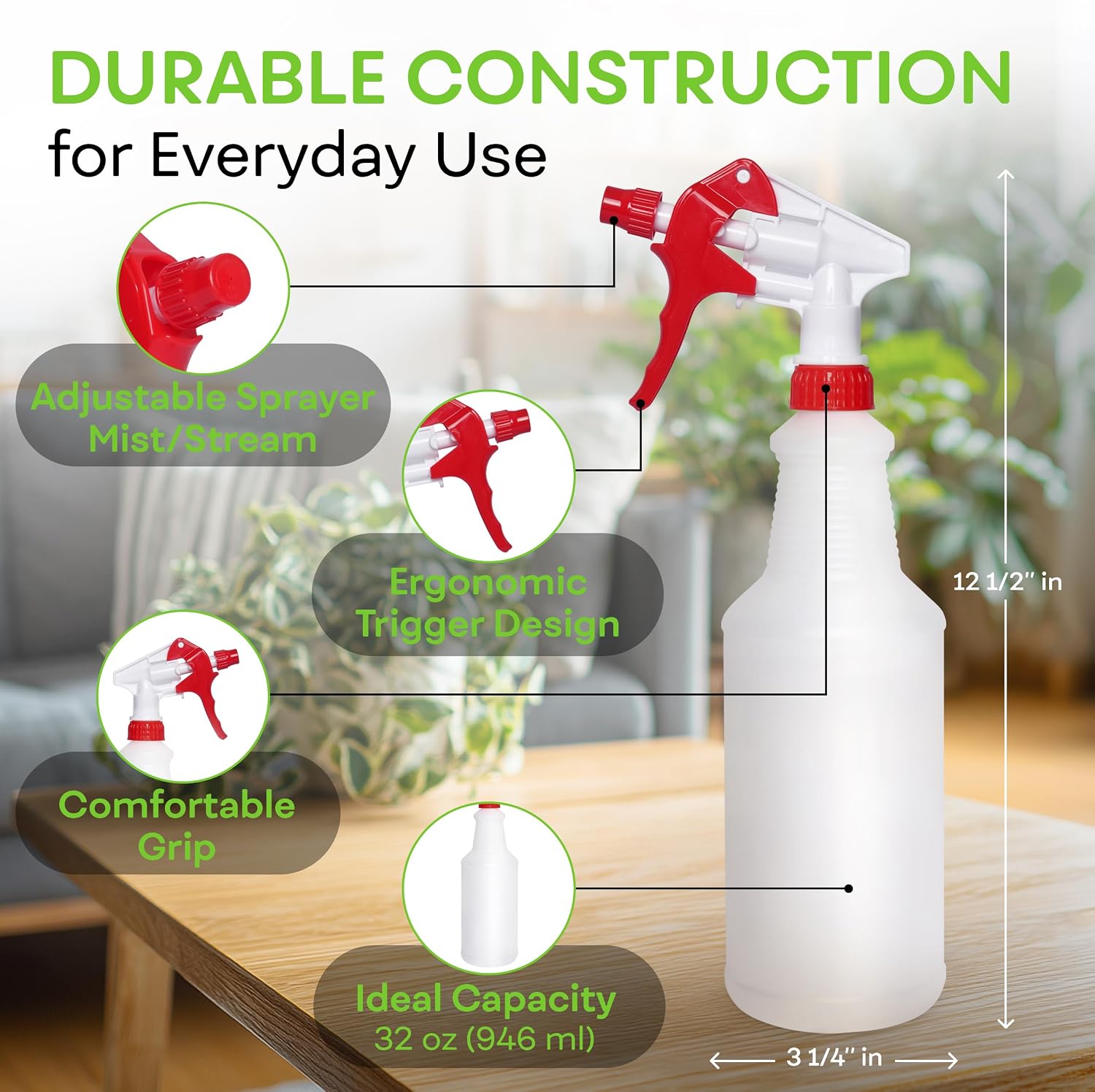 32 OZ Empty Plastic Spray Bottle, Heavy Duty with Adjustable Spray Nozzle, Chemical Resistant, All Purpose